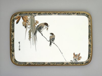Tray with two sparrows on a branch by Namikawa Sosuke